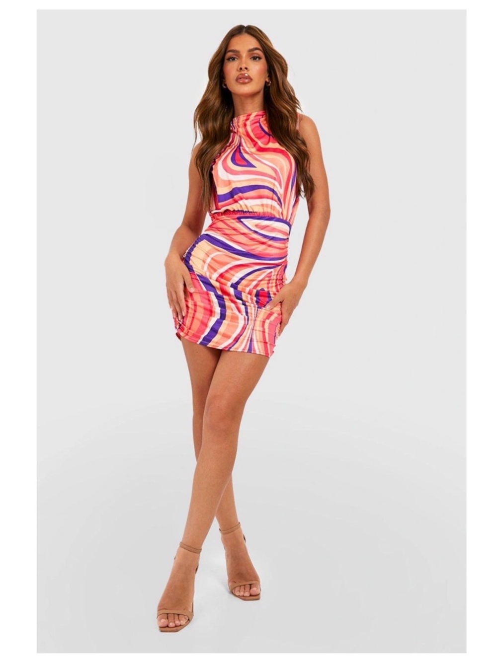 Abstract Print Slinky High Neck Ruched Mini Dress